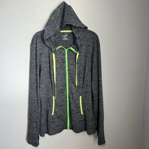 Lukka Womens Hooded Athletic Jacket Gray Black Stripe Neon Zip Thumb Holes Sz XL